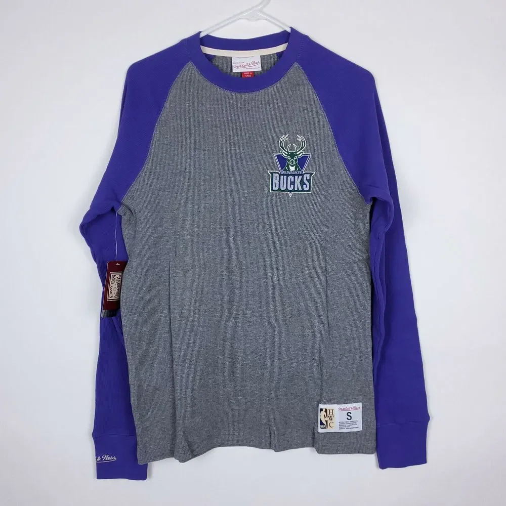 Milwaukee Bucks Mitchell & Ness NBA Small Longsleeve Shirt Gray‎ Purple NWT